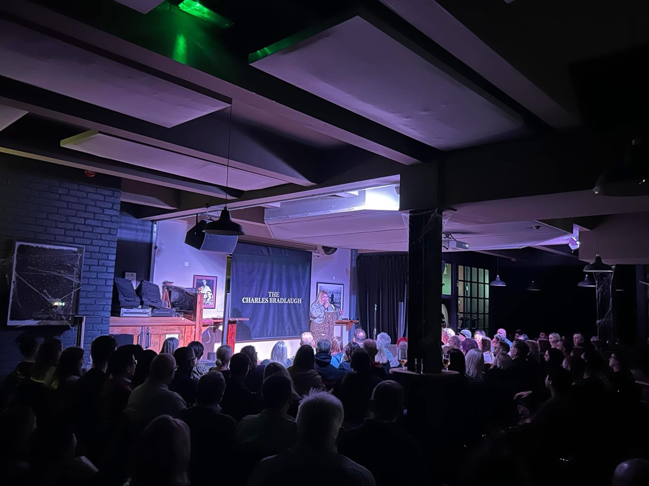 An audience watching a show in The Charles Bradlaugh event room